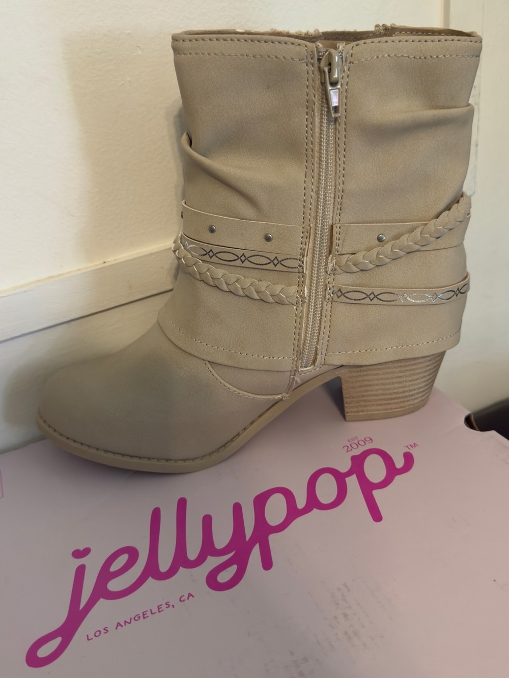 Jellypop Taupe Braided Strap Ankle Boots with Side Zip